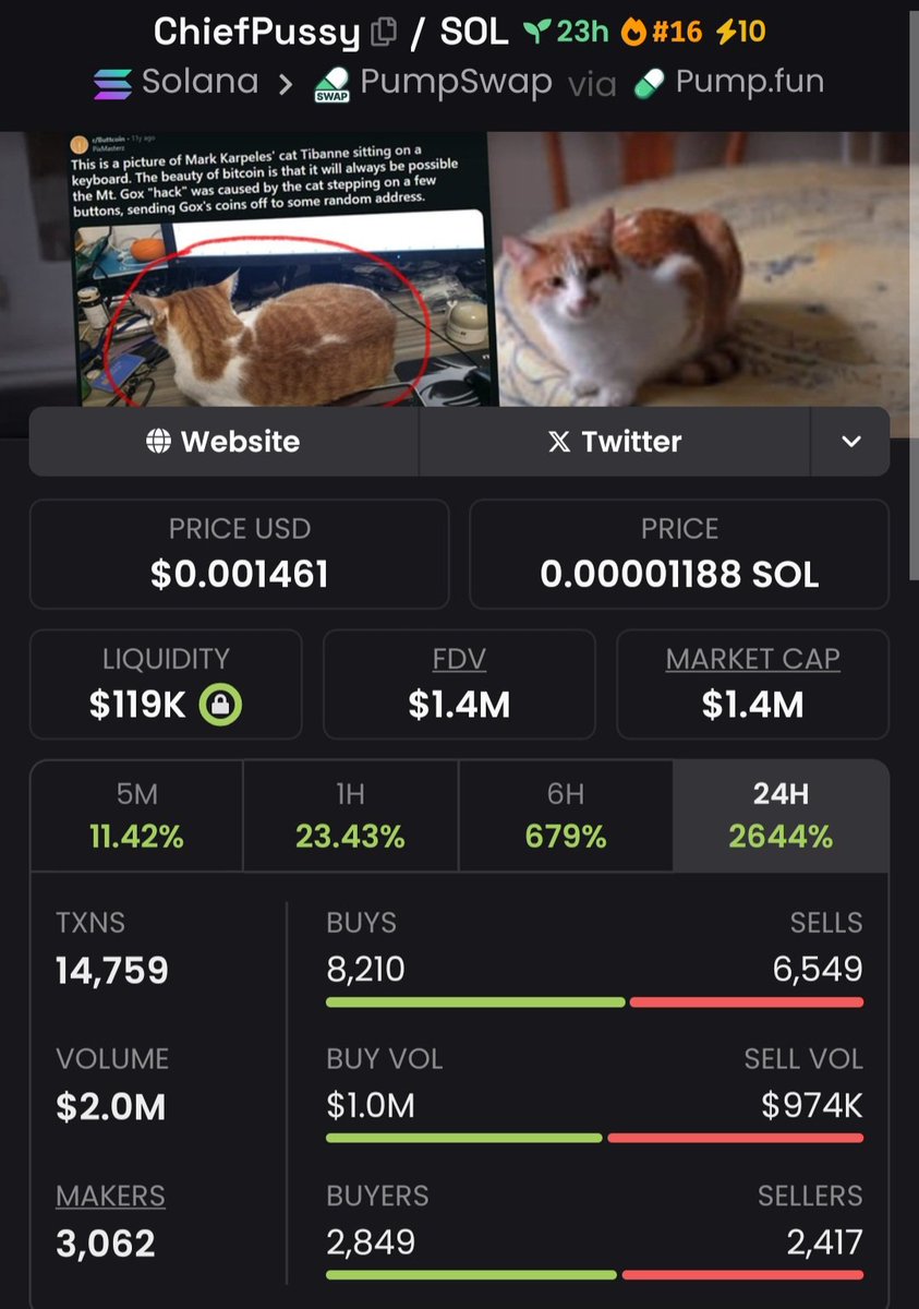 Author_Fxt's tweet photo. $CHIEFPUSSY
$44K →$ 1.4M— ~16.4x gain 🚀🔥
From dust to demand in one clean move. This one didn’t wait — it ripped fast.
Early conviction paid.

📥Follow me
📥Join the TG
Catch moves early or watch them run.

#CHIEFPUSSY #crypto #microcapgains #moonshot https://t.co/tVcSjXr1d5