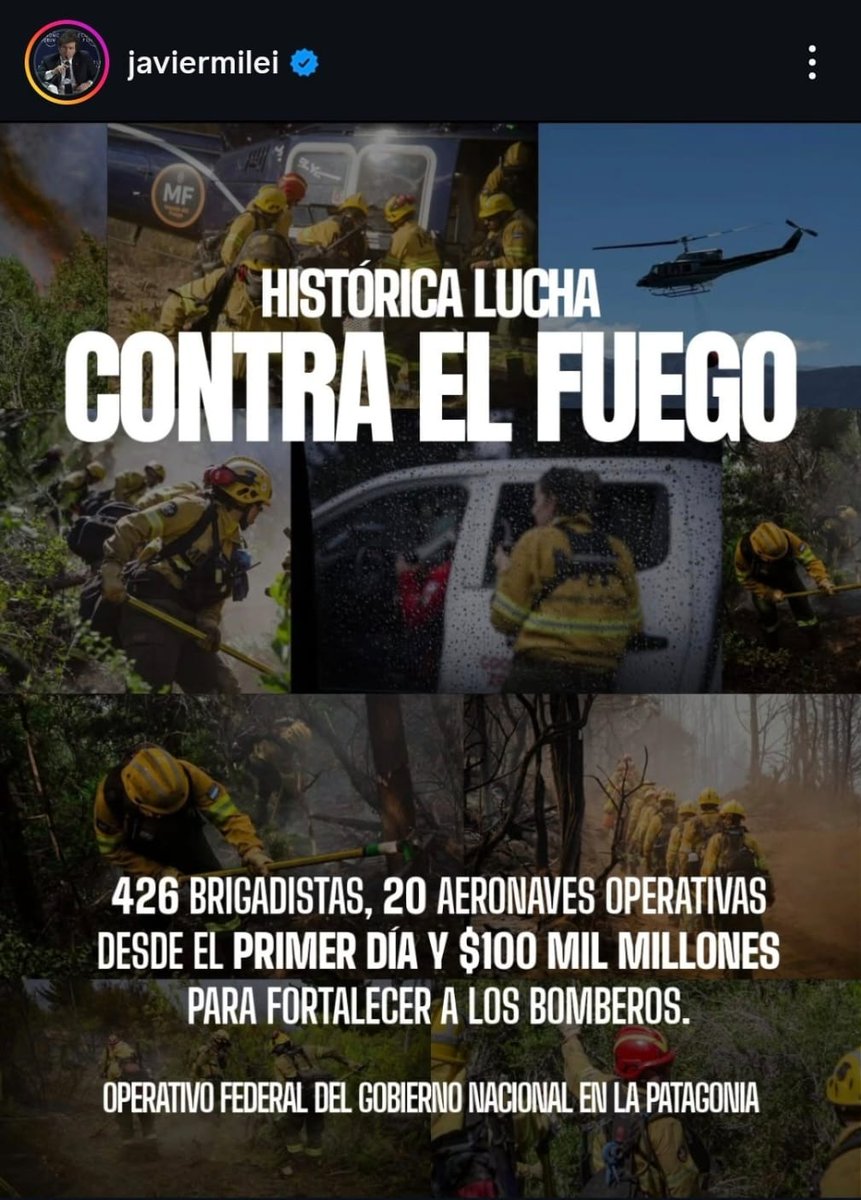 "Histórica lucha contra el fuego" acaba de subir Milei después de 50 DÍAS DE INCENDIOS SIN MANDAR RECURSOS y recortando 70% el presupuesto. Es un hijo de mil puta