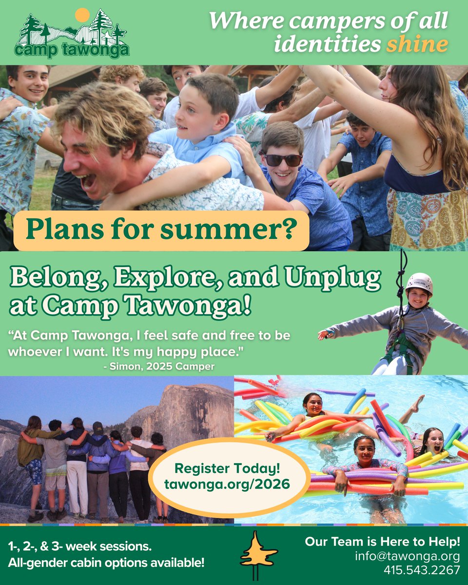 Give your child a summer where they truly belong. At Camp Tawonga located steps to Yosemite, kids build confidence, discover their Jewish identity &amp; connect with nature. 1, 2 &amp; 3 wk sessions grades 2-10. All gender cabins available grades 4-10. Register at tawonga.org/2026