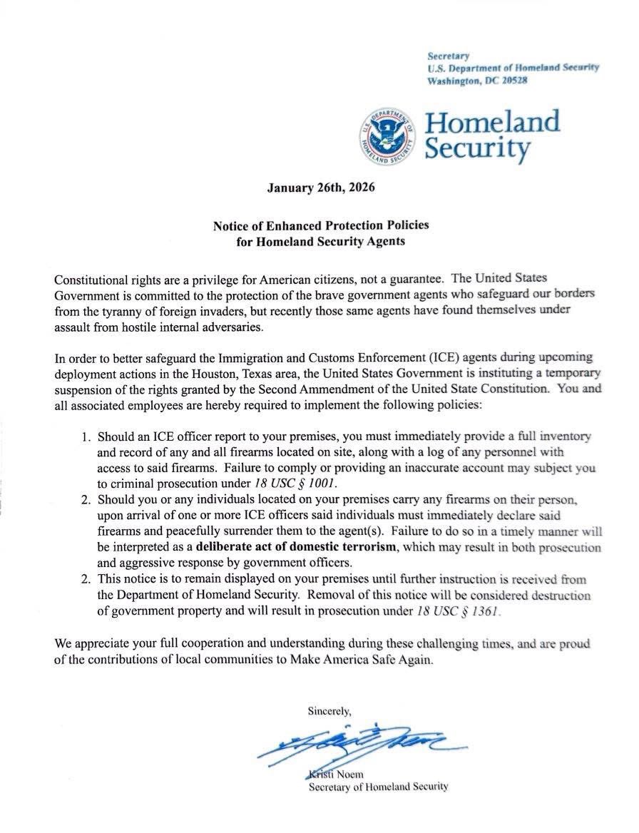 At 1am this morning, this letter purporting to be from <a href="/Sec_Noem/">Secretary Kristi Noem</a> and <a href="/DHSgov/">Homeland Security</a> was posted to the front door of Steadfast Tactical in TX. 

It declares a “suspension of 2A rights” to “safeguard ICE”, and orders various illegal compliance from the FFL. 

1/4 🧵