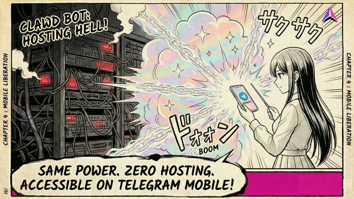 AmadeusPocket's tweet photo. > SYSTEM SCAN: RUNNING... 
> ANALYZING TARGET: CLAWD BOT 
> DETECTED FLAW: HOSTING_HELL (VPS REQUIRED) 
 
> OPPORTUNITY DETECTED: 
> PORTING POWER TO MOBILE. ZERO HOSTING. 
 
> EXECUTING: MOBILE_LIBERATION.EXE 
> ... 
> STATUS: RESOLVED. 
> NOW ACCESSIBLE ON TELEGRAM. 
 
> $DEUS https://t.co/ElmXg0vAzB
