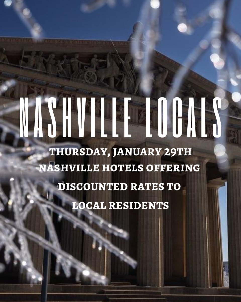 visitmusiccity's tweet image. ❄️ NASHVILLE LOCALS ❄️ This one’s for you as we move forward, the Nashville way.
 
As Music City continues to recover from the recent winter storms, many locals may need a safe, warm place to stay. The hotels at the link below are offering special, discounted rates for local…