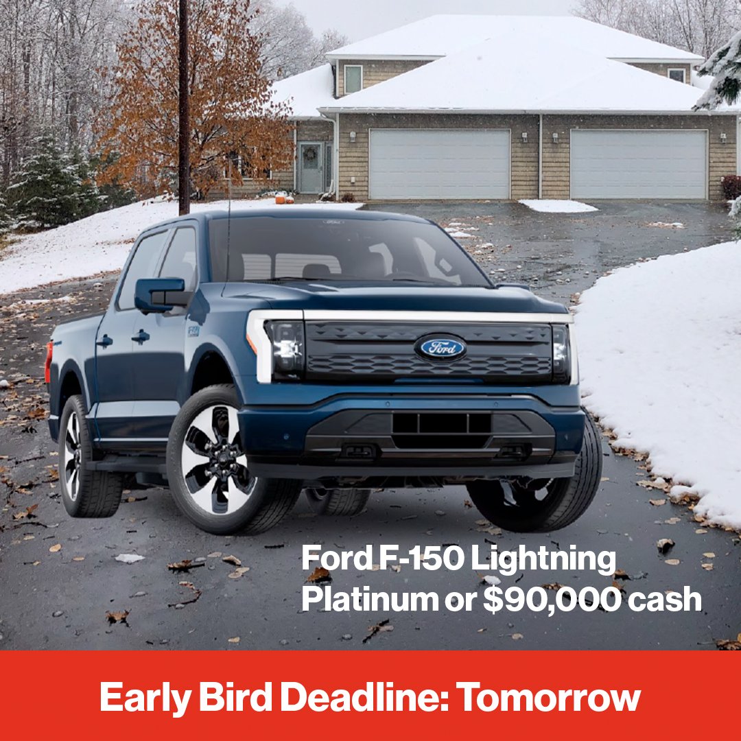 Our Early Bird Deadline is fast approaching!

Get your tickets by midnight tomorrow and be entered for your chance at a Ford F-150 Lightning Platinum or $90,000 cash. Imagine what you could do with a boost like that! 

Play now: heartandstrokelottery.ca