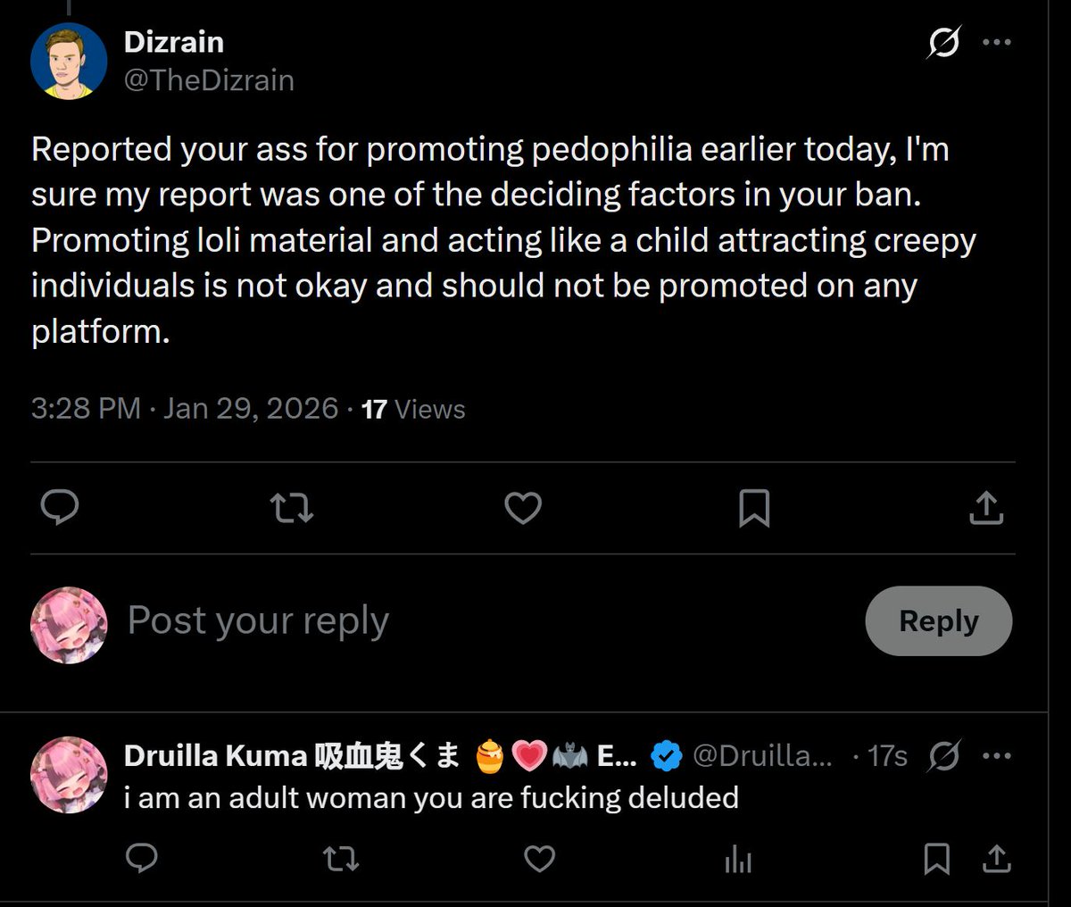 druilla2ma's tweet photo. these are the deluded minds that the twitch AI chooses to side with when suspending or banning vtubers to ruin livelihoods. ive been a full time streamer for 3 years and rely heavily on being able to stream. 

@Twitch @TwitchSupport please fix your system and show you actually care for your creators. im so tired of vtubers always getting treated unfairly and honestly like shit on this platform.