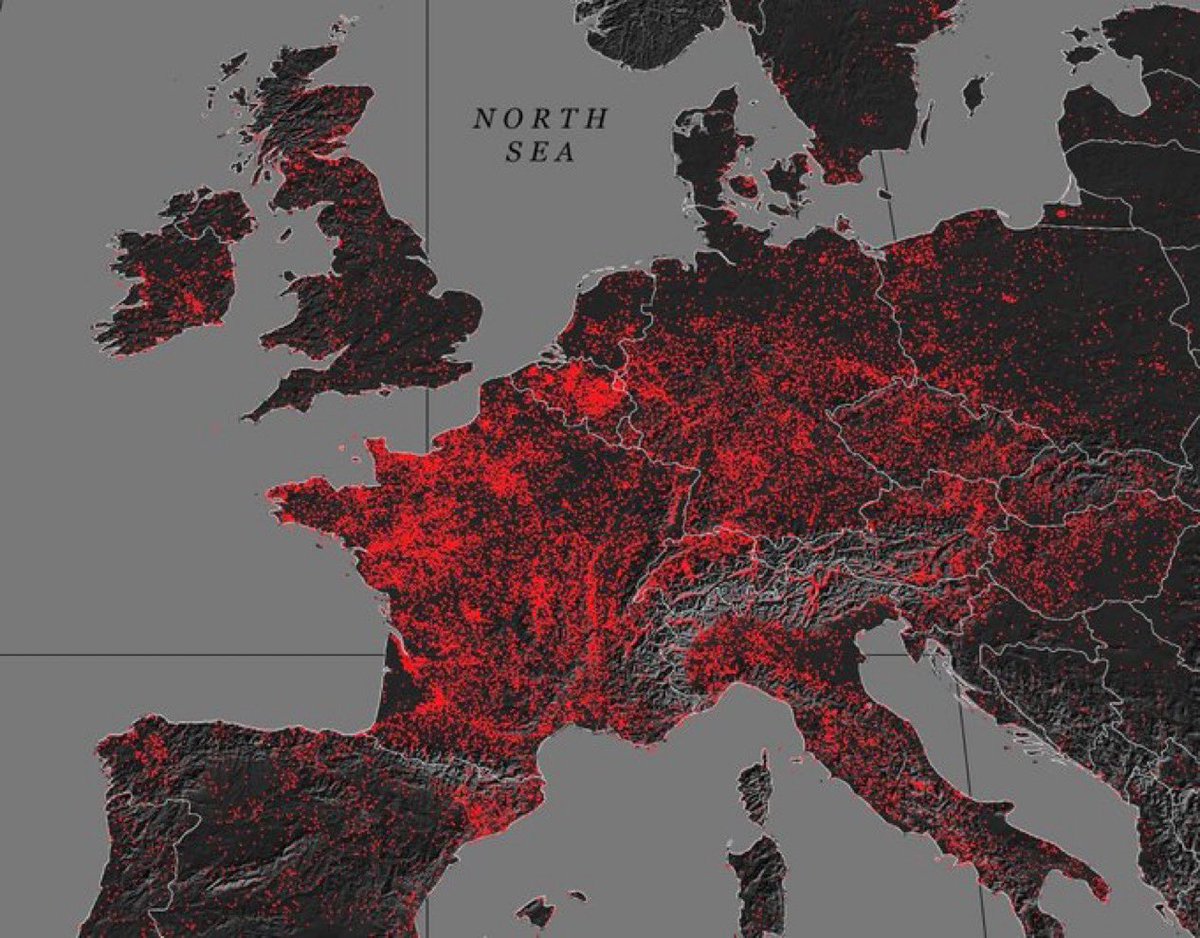 Europe's castle density visualized: each red dot marks a known castle