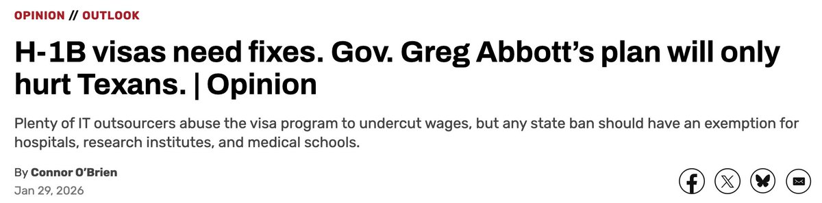 cojobrien's tweet photo. New in @HoustonChron: Gov. Abbott has paused H-1B visa sponsorships at state agencies + universities.

The ban covers top hospitals and research institutes like the MD Anderson Cancer Center. Hospitals covered by the pause receive 10 million visits/year.

They need an exemption. https://t.co/fJHHLpPVQo