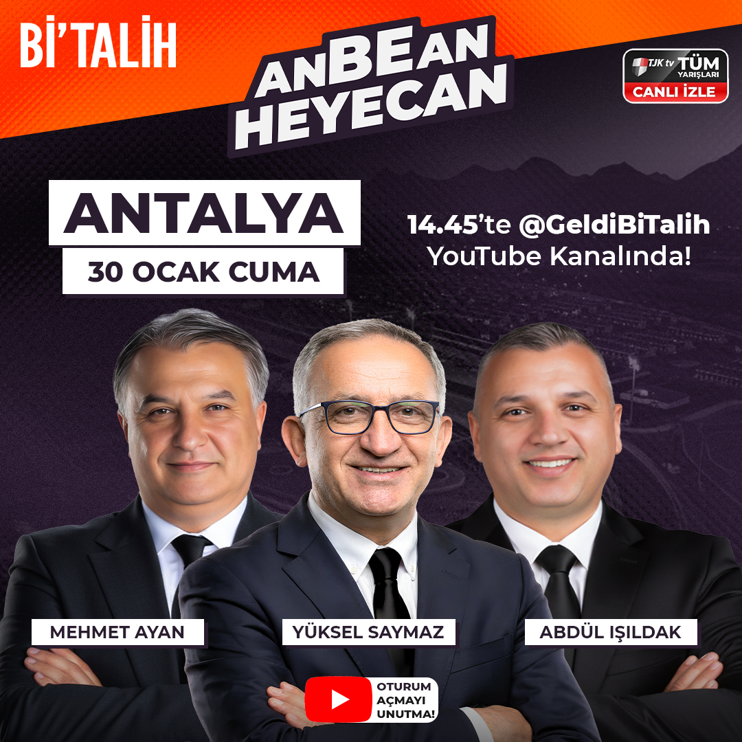 🎙️ <a href="/mehmetayan75/">Mehmet Ayan</a>, <a href="/yukselsaymaz/">Yüksel Saymaz</a> ve <a href="/Abdulisildakk/">Abdül Işıldak</a> ile ANBEAN HEYECAN'ın yeni bölümü 14:45'te Bi'Talih YouTube kanalında CANLI yayında!

Yayınımızı izlemek için YouTube'da oturum açmayı unutmayın! 👇
📲 bit.ly/4qNDJFJ