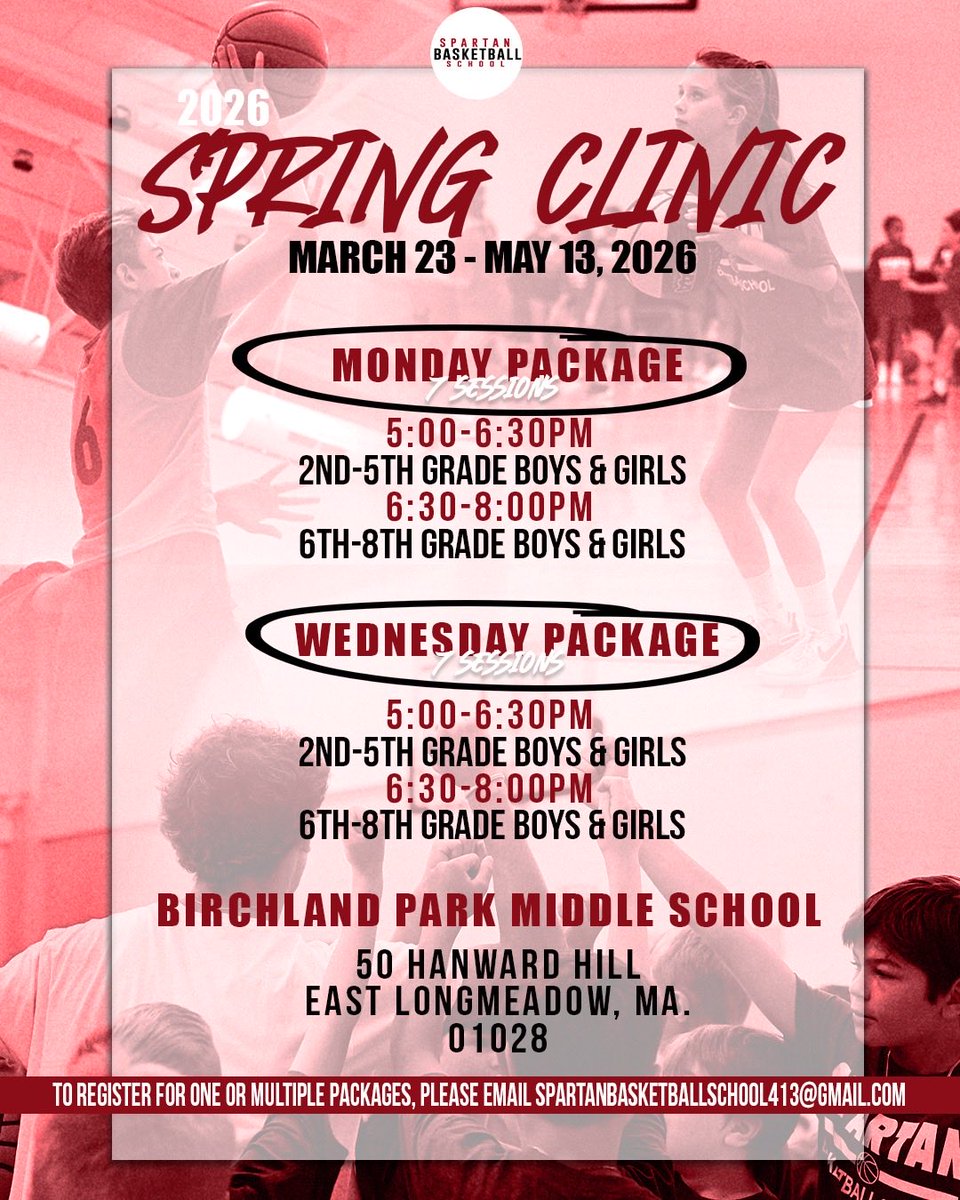 Registration is now open for our 2026 Spring Skills Clinics!

🏀 Improve your game
🏀 Meet new friends 
🏀 Have fun

📝 For more information and registration, please email:
spartanbasketballschool413@gmail.com