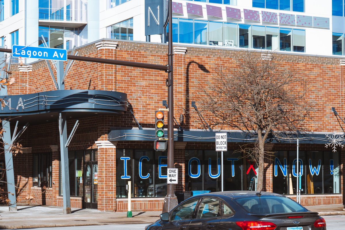 daviss's tweet image. "ICE OUT NOW!" in the windows of the Landmark Lagoon Cinema.

Uptown Minneapolis January 29, 2026