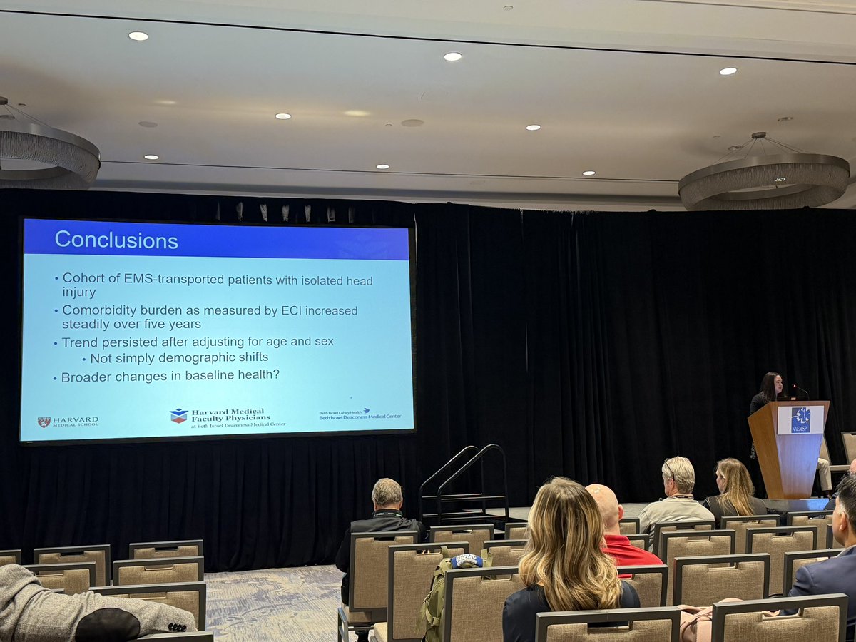 BIDMCEM's tweet photo. @ellenpil129 presenting an oral abstract at #naemsp2026 showing head injured patients transported by EMS are getting sicker (as measured by ECI). https://t.co/DF3bOqUXac