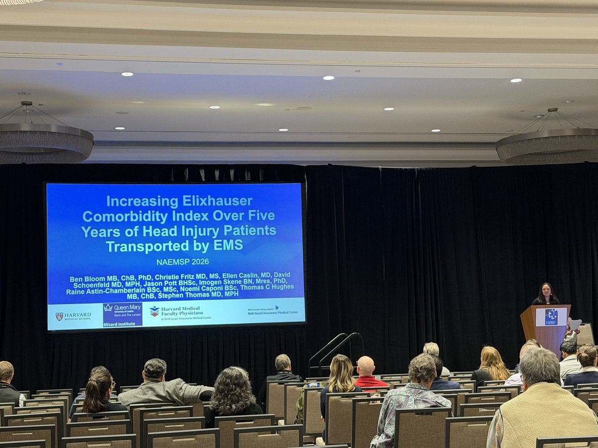 BIDMCEM's tweet photo. @ellenpil129 presenting an oral abstract at #naemsp2026 showing head injured patients transported by EMS are getting sicker (as measured by ECI). https://t.co/DF3bOqUXac