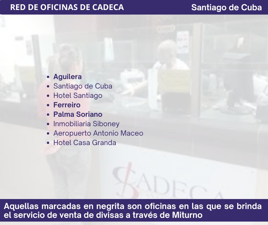 📢 ¡Conozca y utilice la amplia red de oficinas de CADECA en todo el país! 🏦 

📍 Encuentre su oficina más cercana en
nuestra red nacional. 

#CADECA #CasasDeCambio
#TuSeguridadNuestroCompromiso