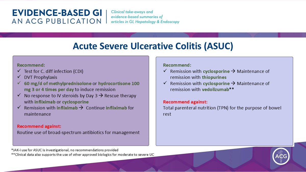 AimenKhanMD's tweet photo. @ACG_EBGI @IBDMD @MLongMD @DrCoreySiegel @AmCollegeGastro @AmJGastro @JasmohanBajaj @EdBarnesMD @DCharabaty @EdwardLoftus2 @ibdtweets @UmaMahadevanIBD @MaiaKayalMD @JosephHabibi_MD @MccutchenDr @jalpa_devi @kehutchins77 @HannahWFiske @guthealingg @JHashashMD @jensemineriomd @AdamFayeMD @ReezwanaCMD @IBD_FloMD @tinahamd @ibdgijami @FarrayeIBD @Realcecum @SophieBalzoraMD @BenjamminGold @KajaliMishra @DrSamirAShah1 @SunandaKaneMD @IBD_Houston @YOGI_IBD @P_DeepakIBDMD @IBDimmunology @DrMikeDolinger @CathyLuMD @iUSCAN @BowelUltrasound @CrohnsColitisFn @saia_gi @J_Kirchgesner @bruce_sands1 @ShahidaDin1 @MLutzMD @HorstIBDDoc @ManuelBragaMD @fudmanMD 8/🚨 ASUC

Early, standardized🏥management

DAY1️⃣: IV steroids, 🦠CDI testing
Consider 🔦 within 24-72h
DAY3️⃣ Steroid-refractory ➡️ ⛑️ w/ IFX or CSA
🔻Albumin➡️ consider IFX dose🆙
Early🔪consult
💉Universal DVT prophylaxis
🚫 Routine antibiotics &amp; TPN 

💊 JAK-i investigational https://t.co/UcWfF8pFGO