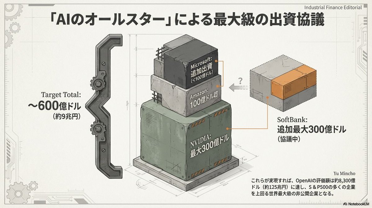 2/6｜何が起きた？ OpenAIの増資に“AIのオールスター”が集合 最大600億ドル（約9兆円）規模の出資協議 さらにSoftBankも追加で最大 300億ドルの話も！ 金額がデカいのは「理由」があります。
