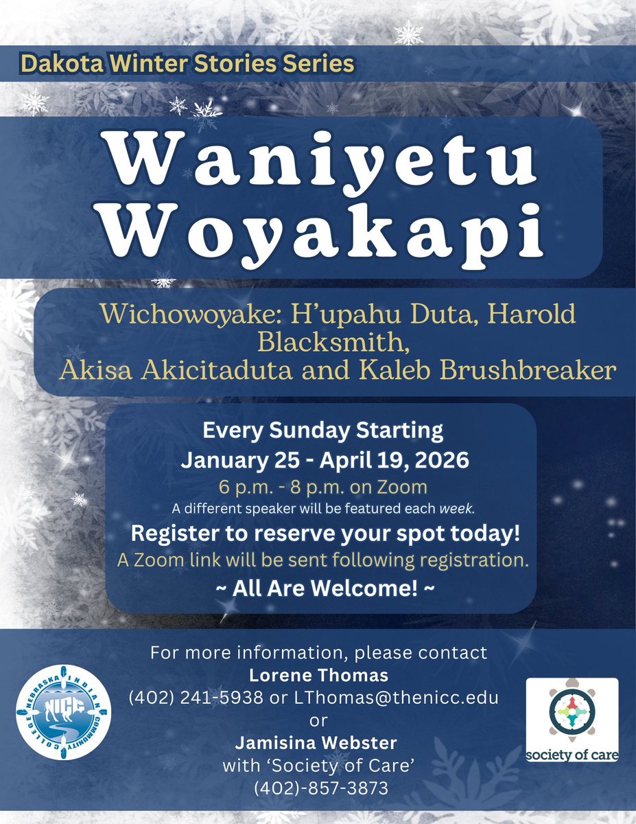 NebraskaIndian's tweet photo. ❄️ Dakota Winter Stories ❄️
Join us this winter for evenings of Dakota storytelling, knowledge, and connection 🌙
🗓 Sundays | Jan 25–Apr 19, 2026
⏰ 6–8 PM | 💻 Zoom
🎤 Weekly speakers share stories and teachings
✅ Registration required | All are welcome
#DakotaWinterStories https://t.co/aYO733tiXz
