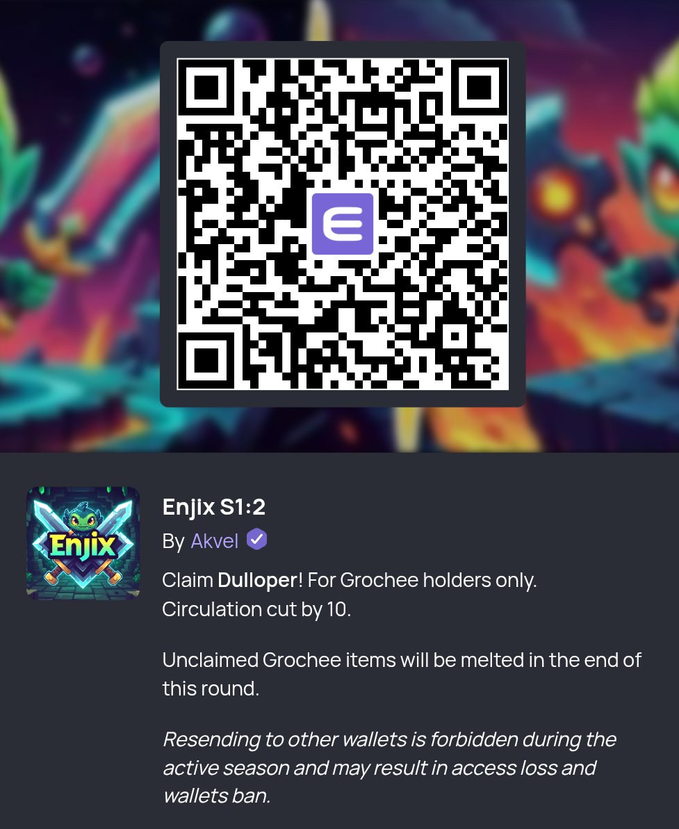 Enjix S1:2 - Dulloper

For Grochee holders only.
Circulation cut by 10.
Unclaimed Grochee items will be melted in the end of this round. #GLHF
#enjin #enjincommunity #enjix