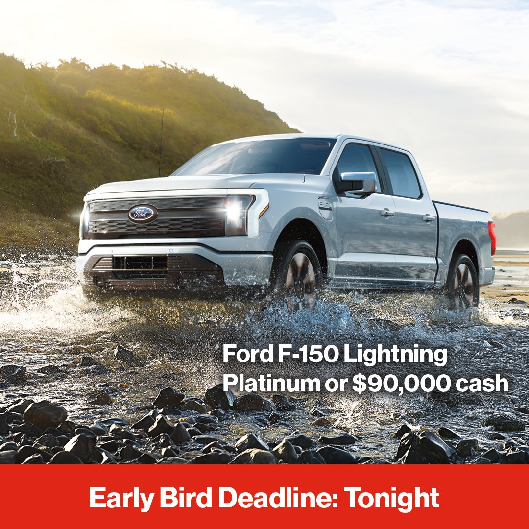 The Early Bird Deadline is midnight tonight! Don't miss out on your last chance to win a Ford F-150 Lightning Platinum or $90,000 cash. Just hours remain to get in to win!

Play now: heartandstrokelottery.ca