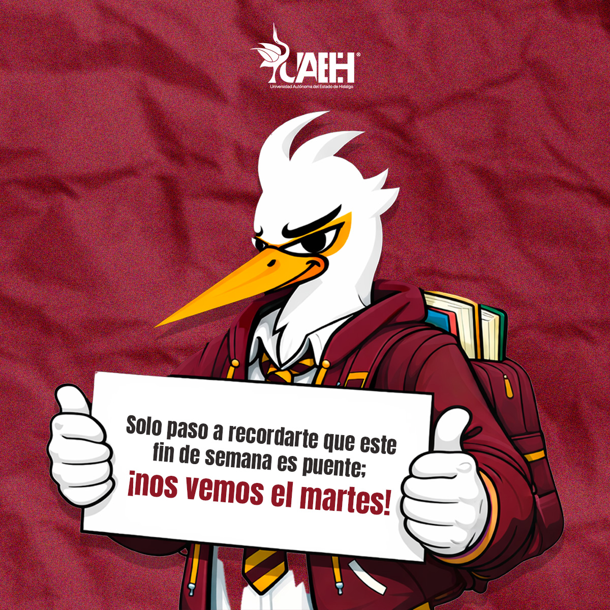 🚨 ¡Aviso Garza! 🚨
Les informamos que este fin de semana es puente, por lo que retomamos actividades hasta el martes.

¡Que tengan un excelente descanso! 🙌
#UAEH #ElijoSerGarza