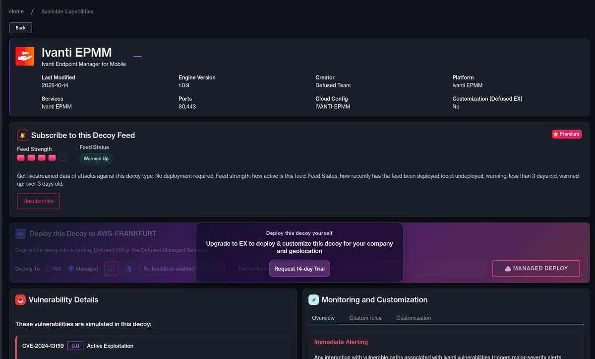 🚨 Ivanti has released fixes for 2 critical EPMM vulns (CVE-2026-1281, CVE-2026-1340) enabling unauthenticated remote command execution. 

Active exploitation already observed.

Track exploit activity live via our Ivanti EPMM honeypot intel feed 👉 console.defusedcyber.com/intel