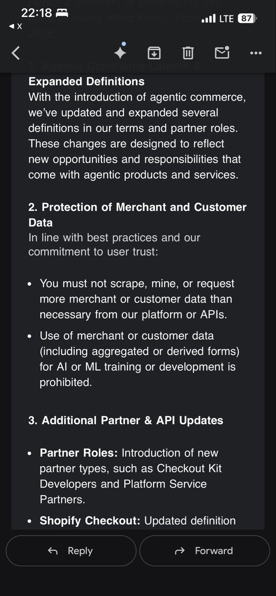 Hey <a href="/ShopifyDevs/">Shopify Developers</a>, can you provide more context on this item:

Use of merchant or customer data (including aggregated or derived forms) for AI or ML training or development is prohibited.
 
Are you prohibiting AI tools/apps from using Shopify data for delivering their solutions to