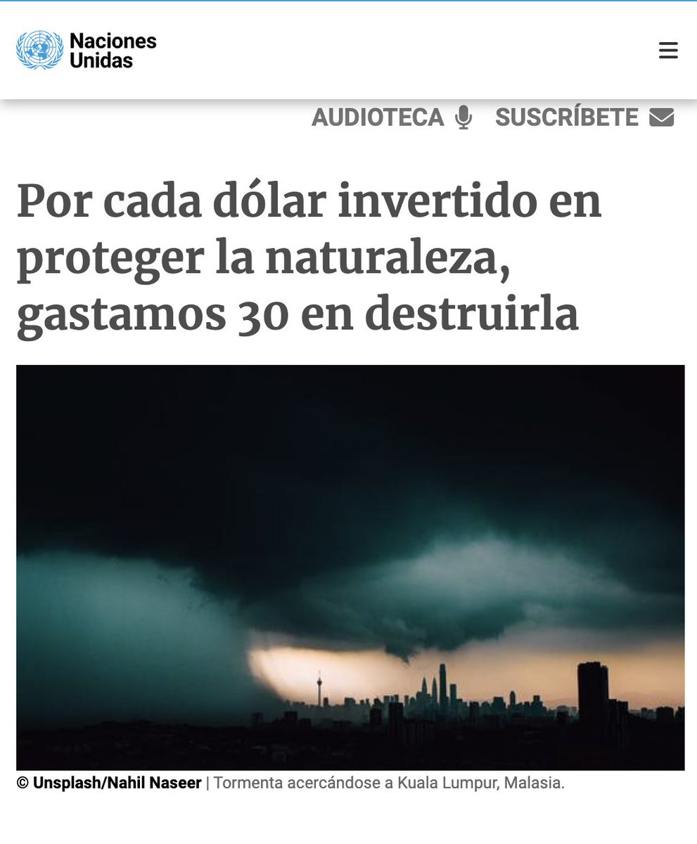 🌍El mundo invierte miles de millones en proteger la naturaleza, pero gasta billones en actividades que la degradan.

📉 Por cada dólar destinado a conservación, se gastan 30 dólares en destruir el planeta.

Esta incongruencia no es sostenible | <a href="/UNEP/">UN Environment Programme</a> 
👉 news.un.org/es/story/2026/…