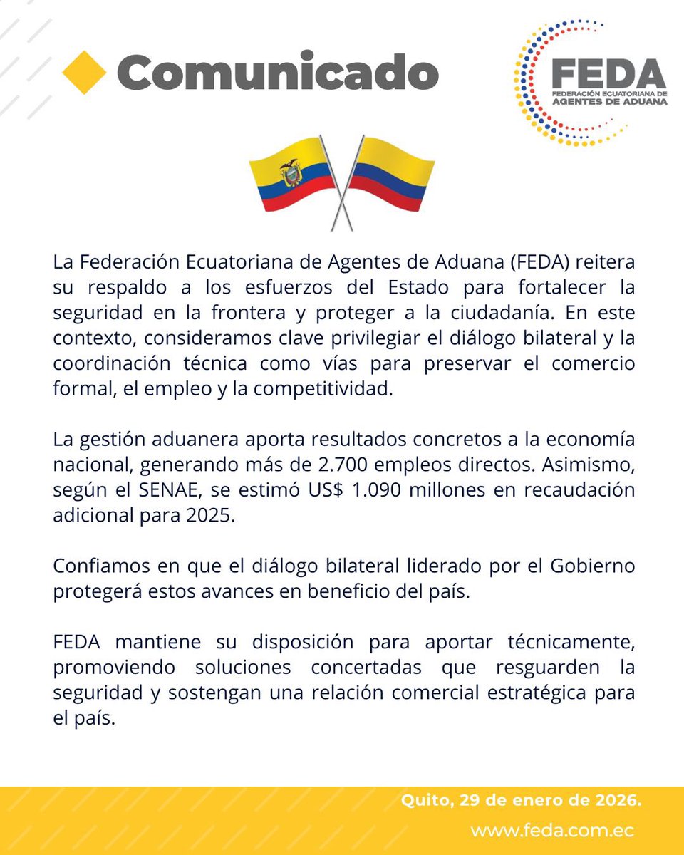 comunicado de FEDA: respaldamos los esfuerzos del Estado para fortalecer la seguridad en la frontera y proteger a la ciudadanía, destacando que el diálogo bilateral y la coordinación técnica son claves para cuidar el comercio formal, el empleo y la competitividad. 🤝🌎📦