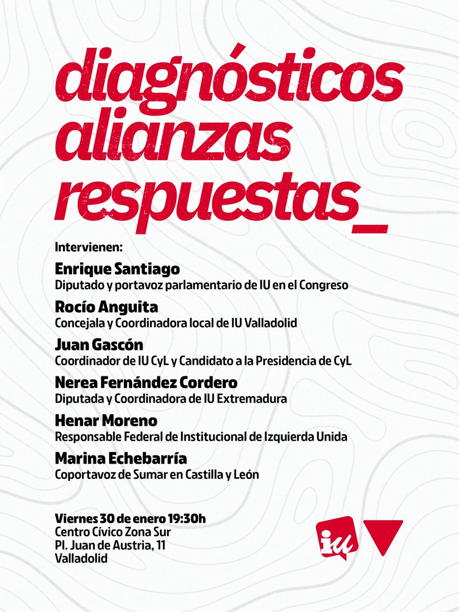 ❗ Recuerda que mañana nos vemos en #Valladolid con <a href="/Juan_Gascon/">Juan Gascón 🔻</a> @enriquesantiago <a href="/rocioanguita/">Rocío Anguita🔻🍉🌾</a> <a href="/Henarmore/">Henar Moreno🔻🇵🇸</a> <a href="/nereafercor/">Nerea Fdez. Cordero🇵🇸</a> y Marina Echebarría 

19:30h Centro Cívico Zona Sur