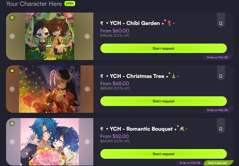 ⊹₊˚‧︵‿₊୨ᰔ୧₊‿︵‧˚₊⊹

VGen Services with 20% OFF! We're especially open for commissions to celebrate this Valentine's Day 💘‧₊˚ ⋅

Dukkoart is at your service! 
#YCH #illustration #digitalart