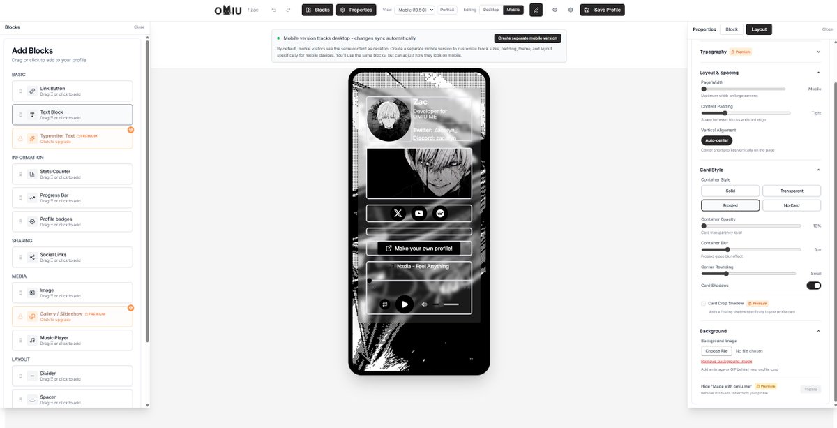 🚨NEW FEATURE: Mobile editor and overrides for free users on omiu.me

You can now tweak layouts just for mobile no need to force desktop and mobile to agree with each other. Adjust padding, line spacing, text size and more for your blocks and profile.