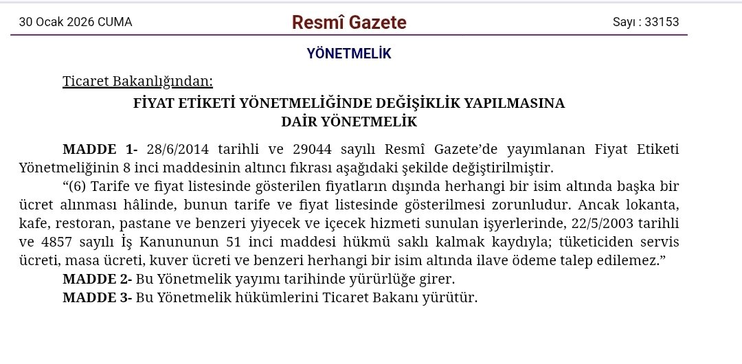 iriscibre's tweet photo. Fiyat listesi dışında ücret alınması
Restaurant ve kafelerde servis, kuver gibi ücretler istenmesi yasaklandı https://t.co/9diMamV7om