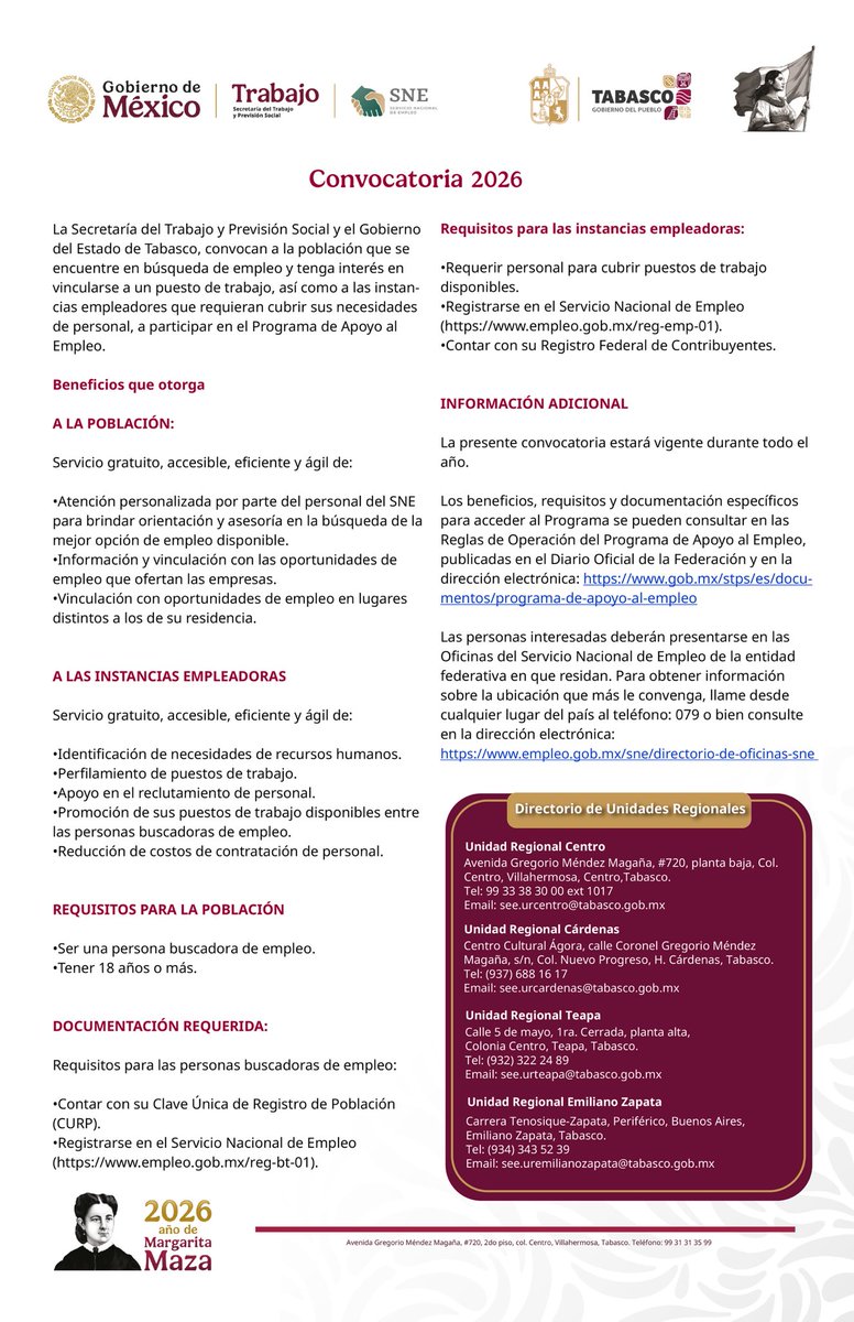 🔍 Buscadora y buscador de empleo, te presentamos la Convocatoria del Programa de Apoyo al Empleo, la cual estará vigente todo este año 2026.

¡Todos nuestros programas y servicios son gratuitos! Acércate a nuestras oficinas. ✅

#EmpleoSeguro #OportunidadLaboral #Tabasco