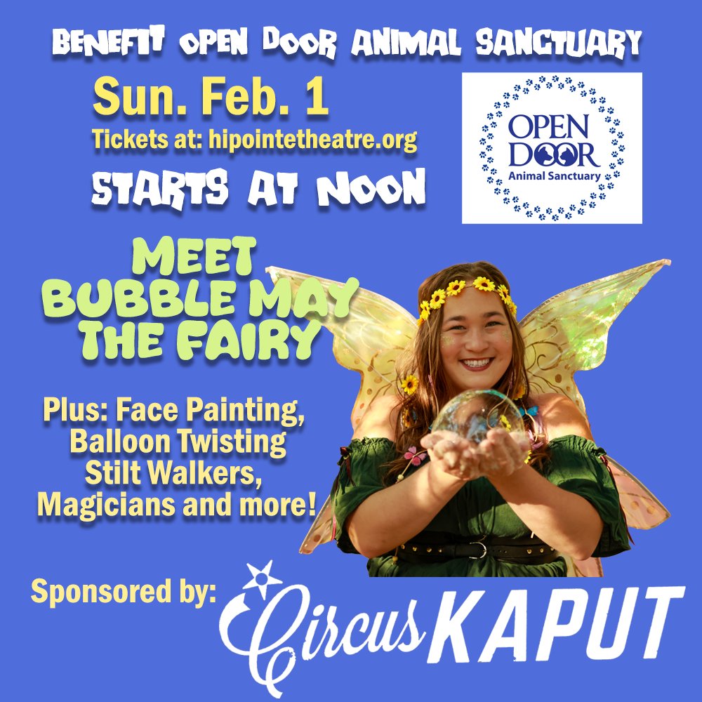 It's your chance to meet #BubbleMay the fairy this Sunday Feb. 1!  Hi Pointe theatre.  Your ticket gets you into both the dog movie &amp; the cat movie!  Benefit for Open Door Animal Sanctuary!! #hipointetheatre #circuskaput #facepainting #balloontwisting #stlouis