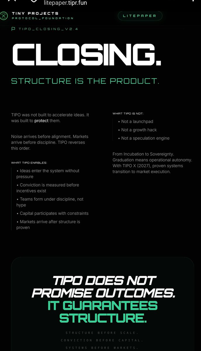 What is TIPO?

Structure before scale.
Conviction before capital.
Systems before markets.

Details → litepaper.tipr.fun