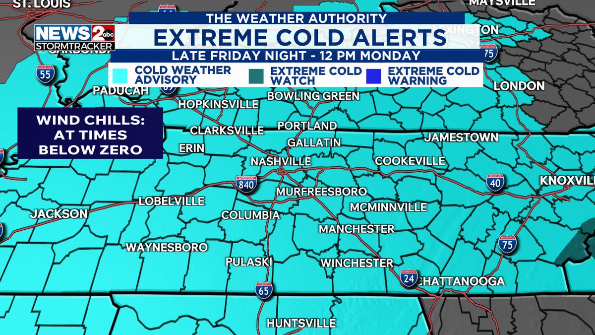 PLEASE SHARE: A Cold Weather Advisory starts late Friday night thru 12pm Monday which means a prolonged period (60+ hours) of below freezing temps! Even worse, we start in the single digits both Sat/Sun am with wind chills below zero! Prepare now! wkrn.com/weather-headli…