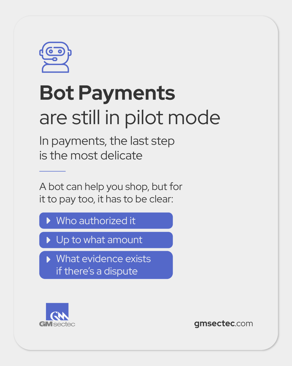 Bots can already search, compare, and build the cart. But once money moves, the rules change.

If something goes wrong, you need clear permission, spending limits, and a record you can use to respond. 🧾🔎

#BotPayments #PaymentSecurity #GMsectec