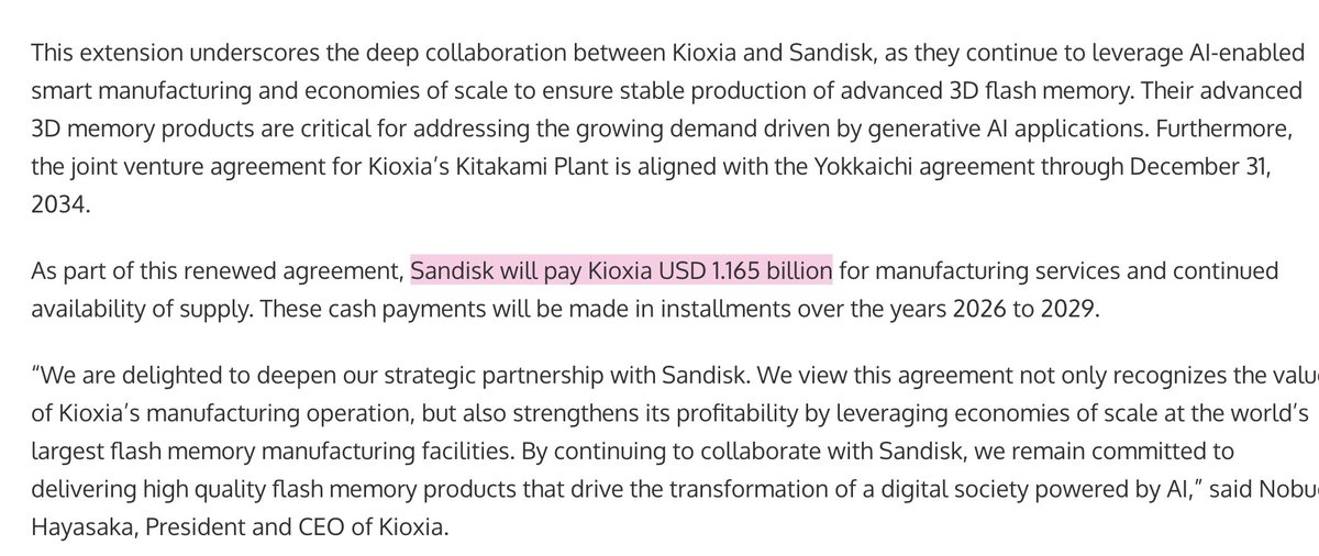 aleabitoreddit's tweet photo. $SNDK: "Sandisk will pay Kioxia USD 1.165 billion for manufacturing services and continued availability of supply".

Kioxia and SanDisk together operate one of the world’s largest NAND flash manufacturing sites.

Sandisk's earnings looks like a blowout, but many second order beneficiaries are down the supply chain.