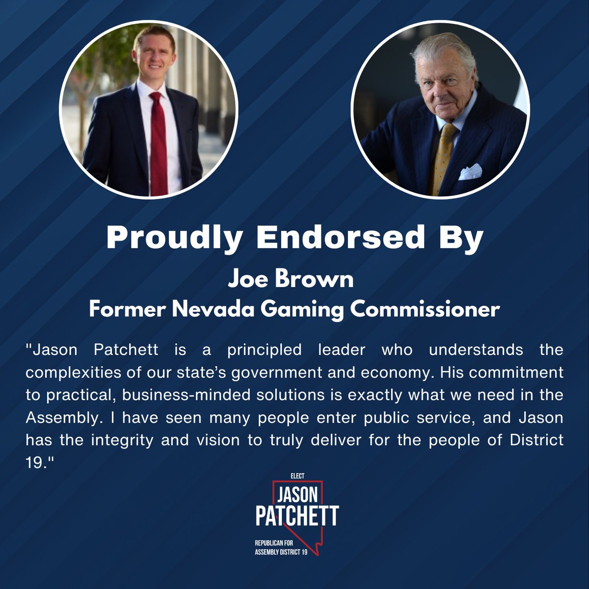 JasonPatchettNV's tweet photo. I am incredibly honored to be endorsed by Joe Brown. His deep understanding of our state’s government and economy is unmatched. I look forward to bringing a business-minded approach and a clear vision to Carson City for District 19. #ad19 https://t.co/EDeerDqXBY