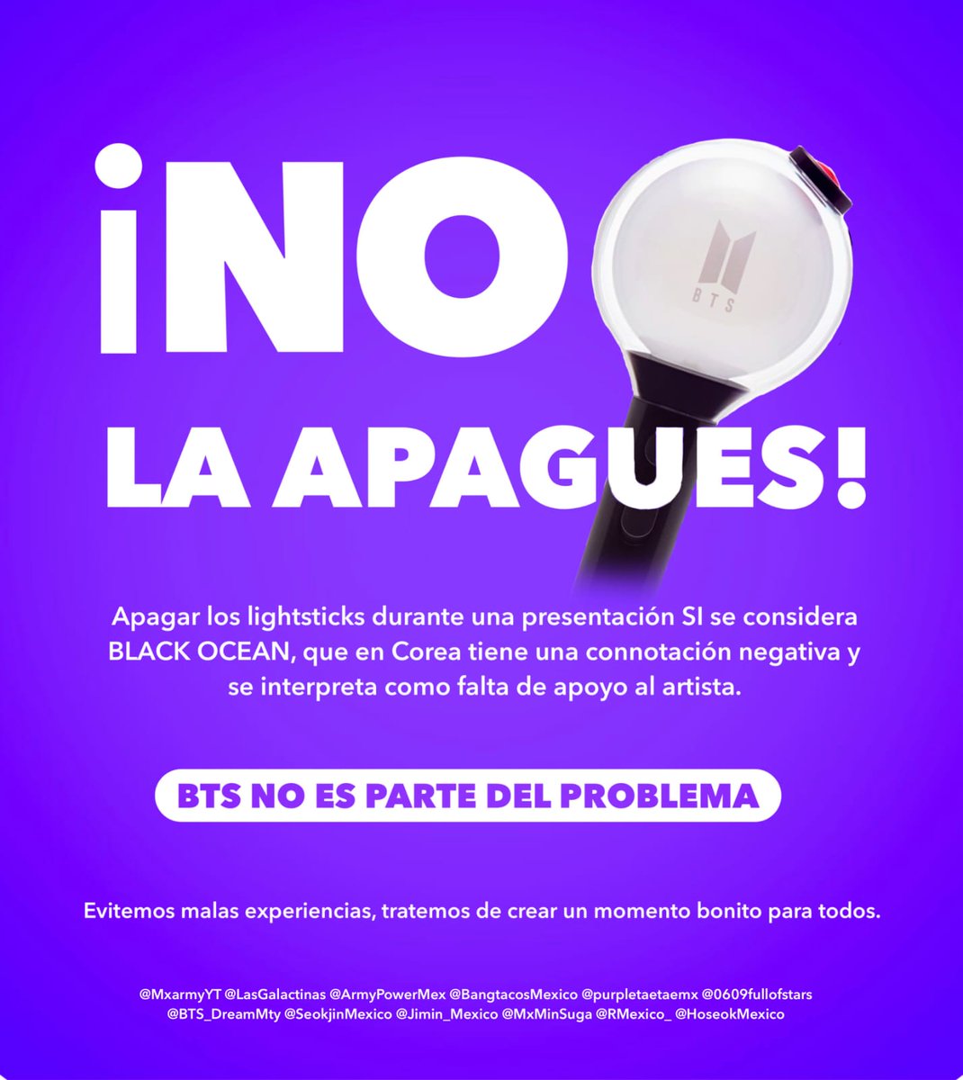 💜 ARMY 💜
⚠️Recordatorio importante: no apaguemos los lightsticks durante el concierto‼️
Hagamos del concierto un momento bonito para todos ✨

#BTS_ARIRANG 
#BTS_WORLDTOUR 
#BTS_ARIRANG_CDMX