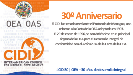 Hoy se conmemora el 30.º aniversario del Consejo Interamericano para el Desarrollo Integral (CIDI), el órgano principal de la <a href="/OEA_oficial/">OEA</a>   Tres décadas de diálogo, cooperación y resultados! 
Más información: oas.org/ext/es/princip…