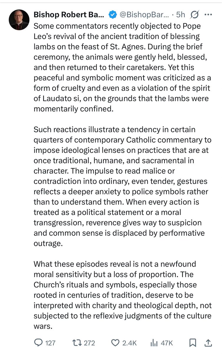 In the past week, <a href="/BishopBarron/">Bishop Robert Barron</a> has tweeted about lambs, Dr. Phil, Jordan Peterson, Ross Douthat, woke universities, but hasn’t said a word about ICE killing a Catholic nurse in his home state.

The Vatican and bishops across the country have spoken. America’s most prominent