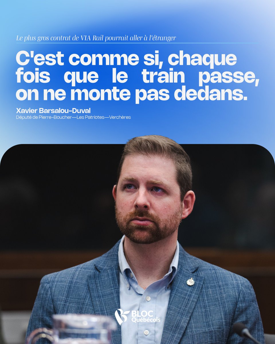 BlocQuebecois's tweet photo. En pleine guerre commerciale, le plus gros contrat de renouvellement de trains de la société d’État VIA Rail pourrait aller à l’étranger alors que des entreprises d’ici ont toute l’expertise.

Si Ottawa veut vraiment soutenir l’achat québécois et canadien, qu’il ne rate pas ce train!

#BlocQc