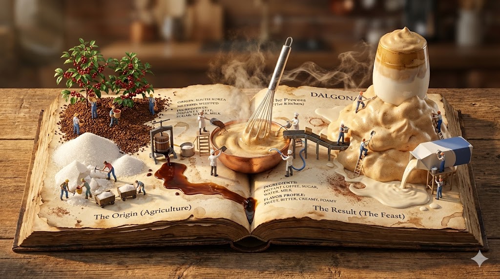 AIPointView's tweet image. Dalgona coffee: from plantations to viral foam – encyclopedia of flavor in a book! ☕📖🌿

#DalgonaCoffee #AIPointView #ViralAesthetic #2026Vibes #NanoBananaPro #GrokImagine