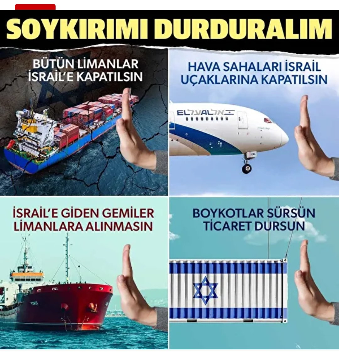 İsrail’e giden tüm deniz yolları kapatılsın.

İsrail limanlarına giden gemiler limanlara alınmasın.

Tüm ülkeler hava sahalarını İsrail uçaklarına kapatsın.

Ticaret dursun, boykotlar büyüsün...

yenisafak.com/gundem/gazze-i…