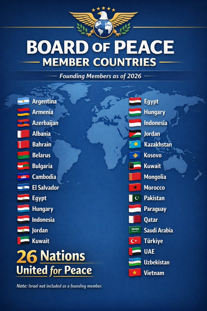 MyDataFix's tweet photo. 🌍 Board of Peace: Founding Members (2026)

26 countries have signed on as founding members, spanning Latin America, Europe, the Middle East, and Asia.

A new geopolitical bloc focused on peace, reconstruction, and influence- outside traditional UN structures. https://t.co/iiDHVrvKEb