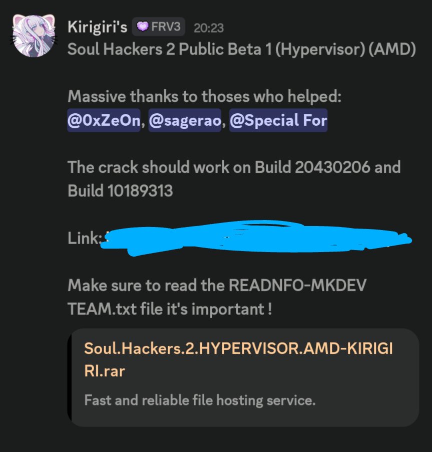 realCrackWatch's tweet image. Soul Hackers 2 HYPERVISOR Crack by KIRIGIRI #crackwatch #denuvo