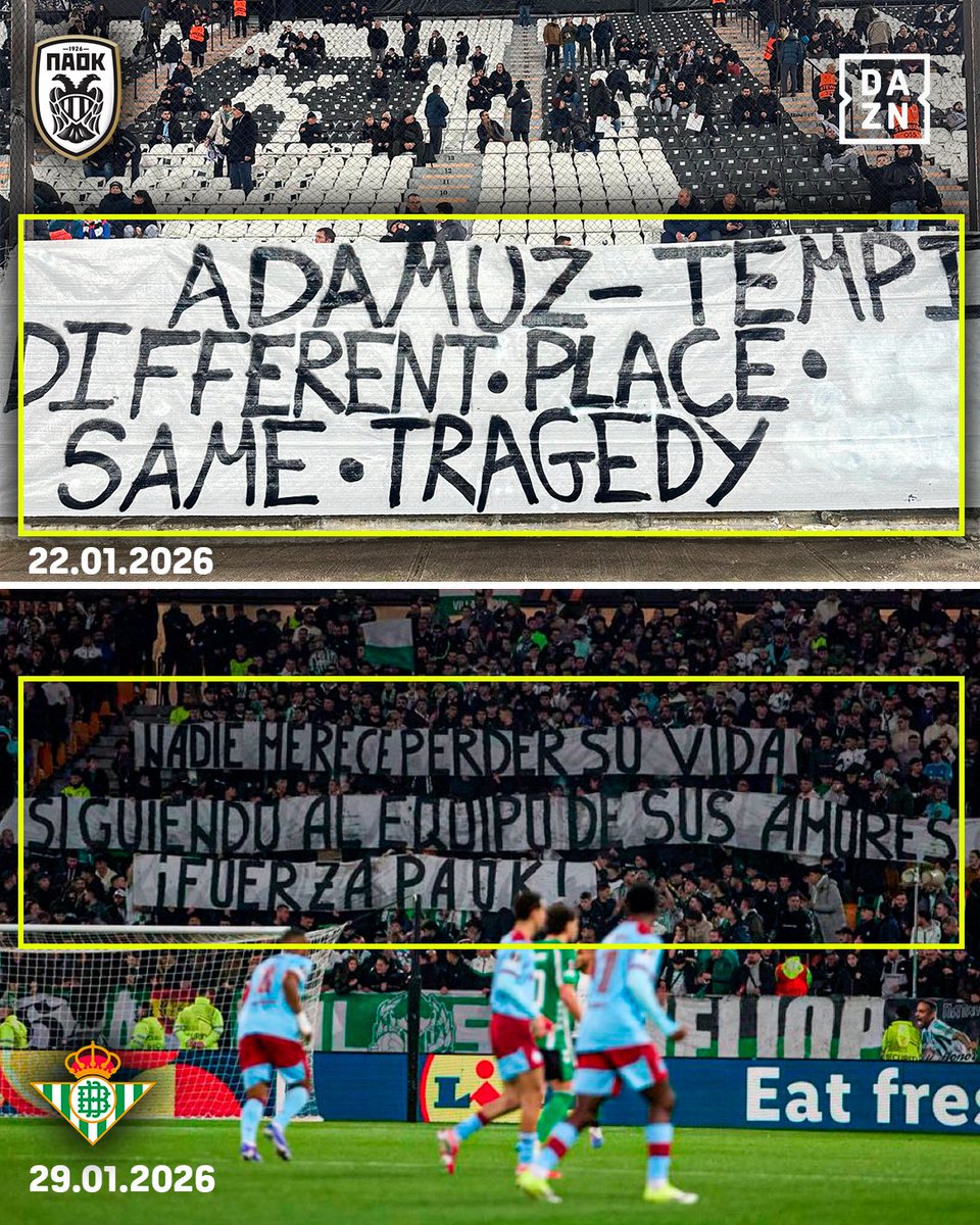 🖤 ¡Y DICEN QUE EL FÚTBOL SE TRATA DE 22 TÍOS CORRIENDO DETRÁS DE UN BALÓN! 

El 22 de enero los aficionados del Paok se acordaron en el partido contra el Betis de las víctimas del accidente de Adamuz 

Este jueves los aficionados del Betis se acuerdan de los fallecidos en el