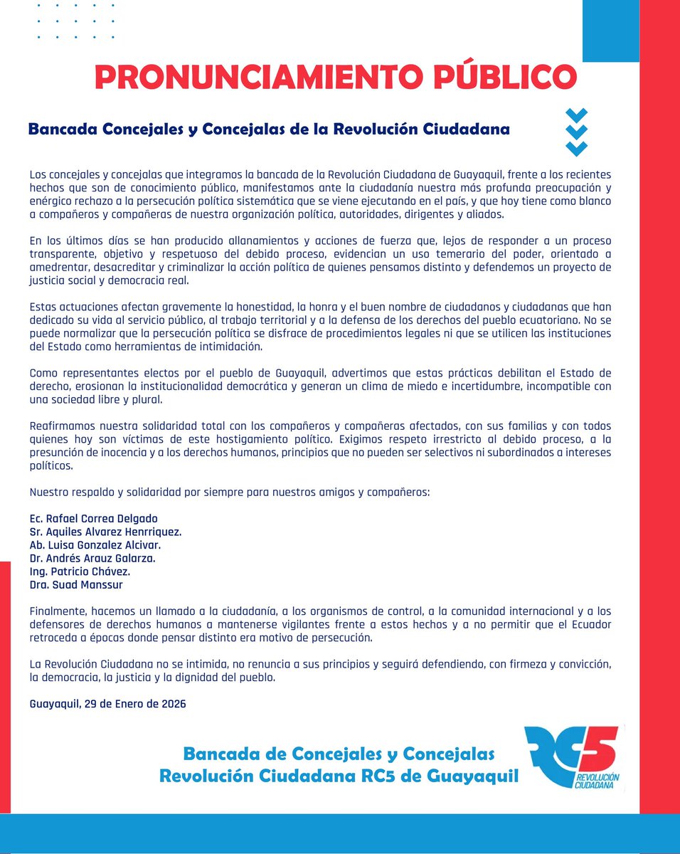 #PRONUNCIAMIENTO PÚBLICO🇪🇨⚖️
Bancada de Concejales y Concejalas de la Revolución Ciudadana
de Guayaquil.

Al país: 

Los concejales y concejalas que integramos la bancada de la Revolución Ciudadana de Guayaquil, frente a los recientes hechos que son de conocimiento público,
