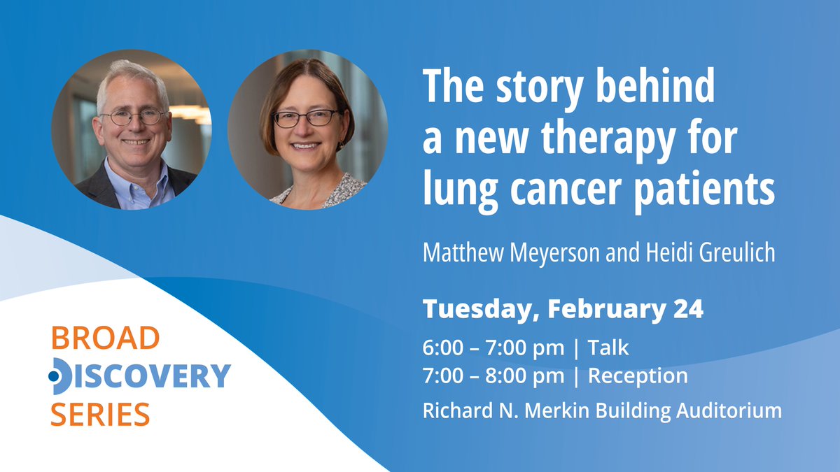 broadinstitute's tweet photo. Join us on Tuesday, February 24 at 6PM ET in Cambridge, MA (or online) for a Broad Discovery Series talk with Heidi Greulich and Matthew Meyerson, “The story behind a new therapy for lung cancer patients.” Register: https://t.co/EICMMALPIc https://t.co/FXwjIvaO4f