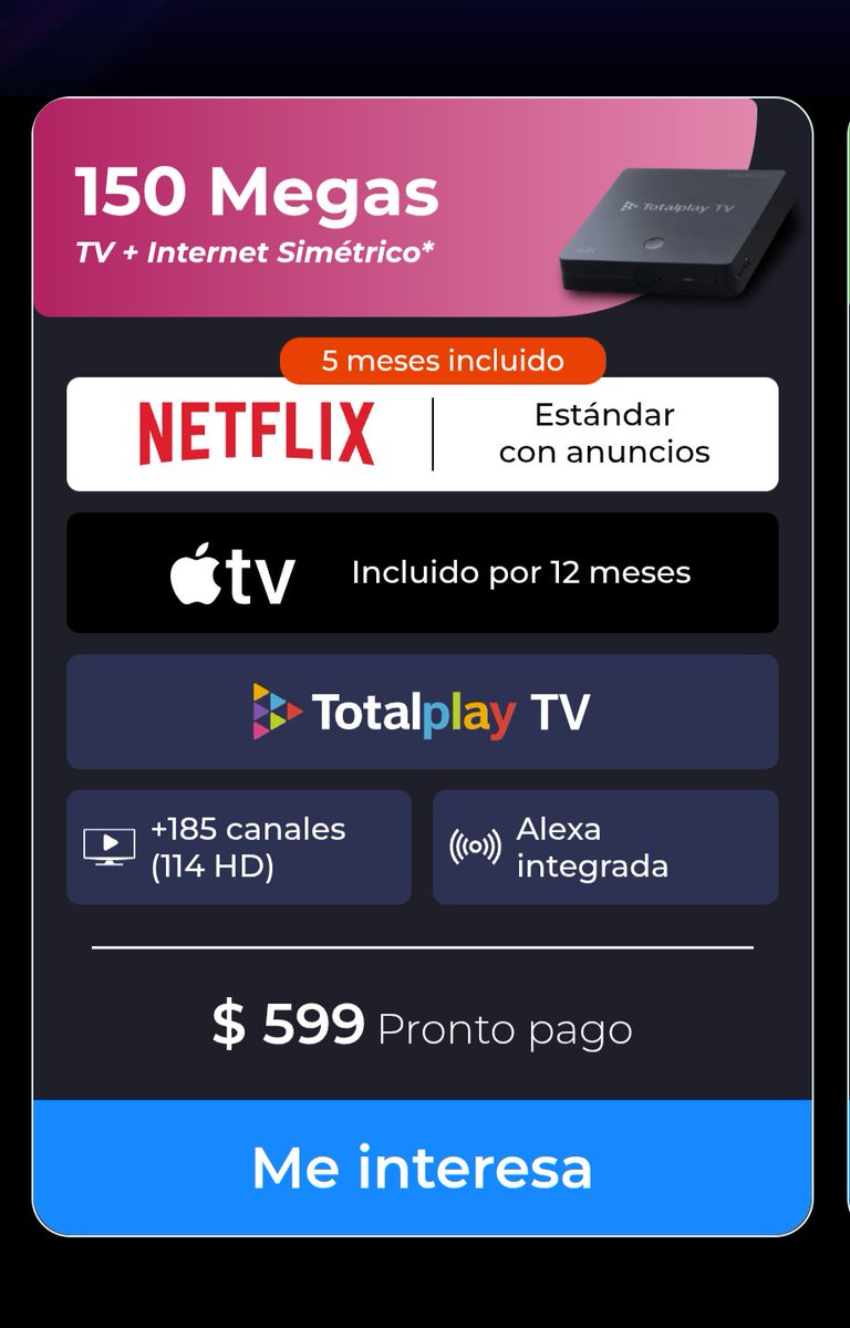 LCastilloB4's tweet photo. @totalplaymx Buenas tardes!!!
Tengo un paquete de 150 megas, el paquete de la imagen es solo para nuevos usuarios? https://t.co/FIz0uweIir
