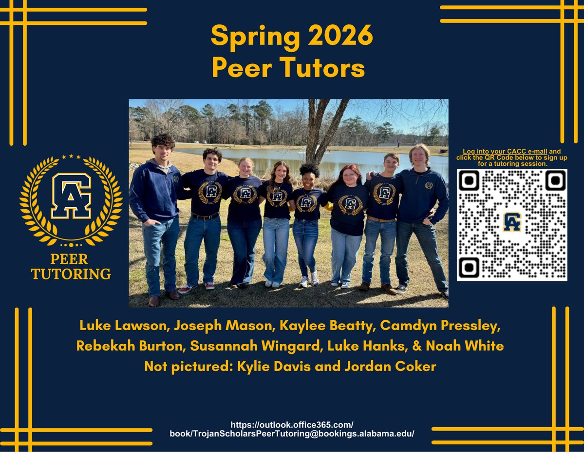 CentralAlabama1's tweet image. 📚 Spring 2026 Peer Tutoring is available at CACC
On campus and online through Microsoft Teams.

Meet our Peer Tutors: Luke Lawson, Joseph Mason, Kaylee Beatty, Camdyn Pressley, Rebekah Burton, Susannah Wingard, Luke Hanks, Noah White, Kylie Davis &amp;amp; Jordan Coker.